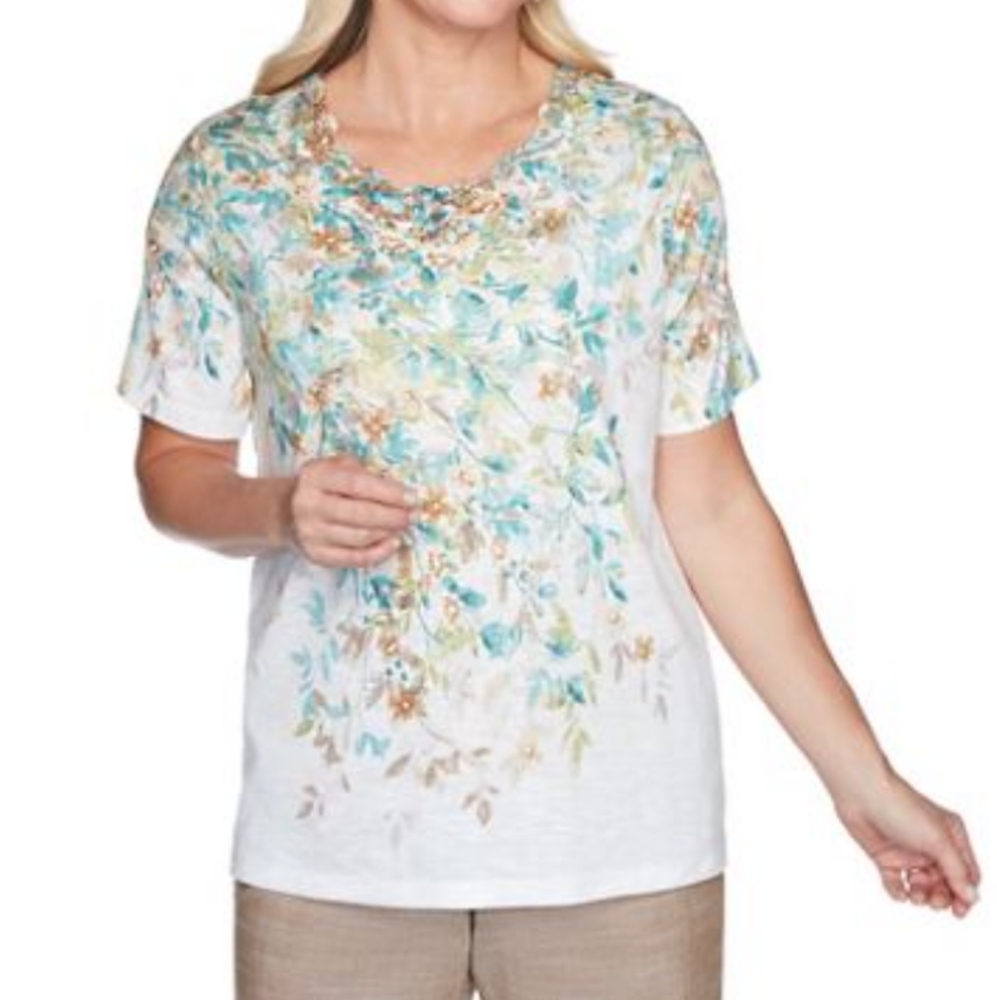 Alfred Dunner Green & Cream Floral Relaxed Blouse 🆕